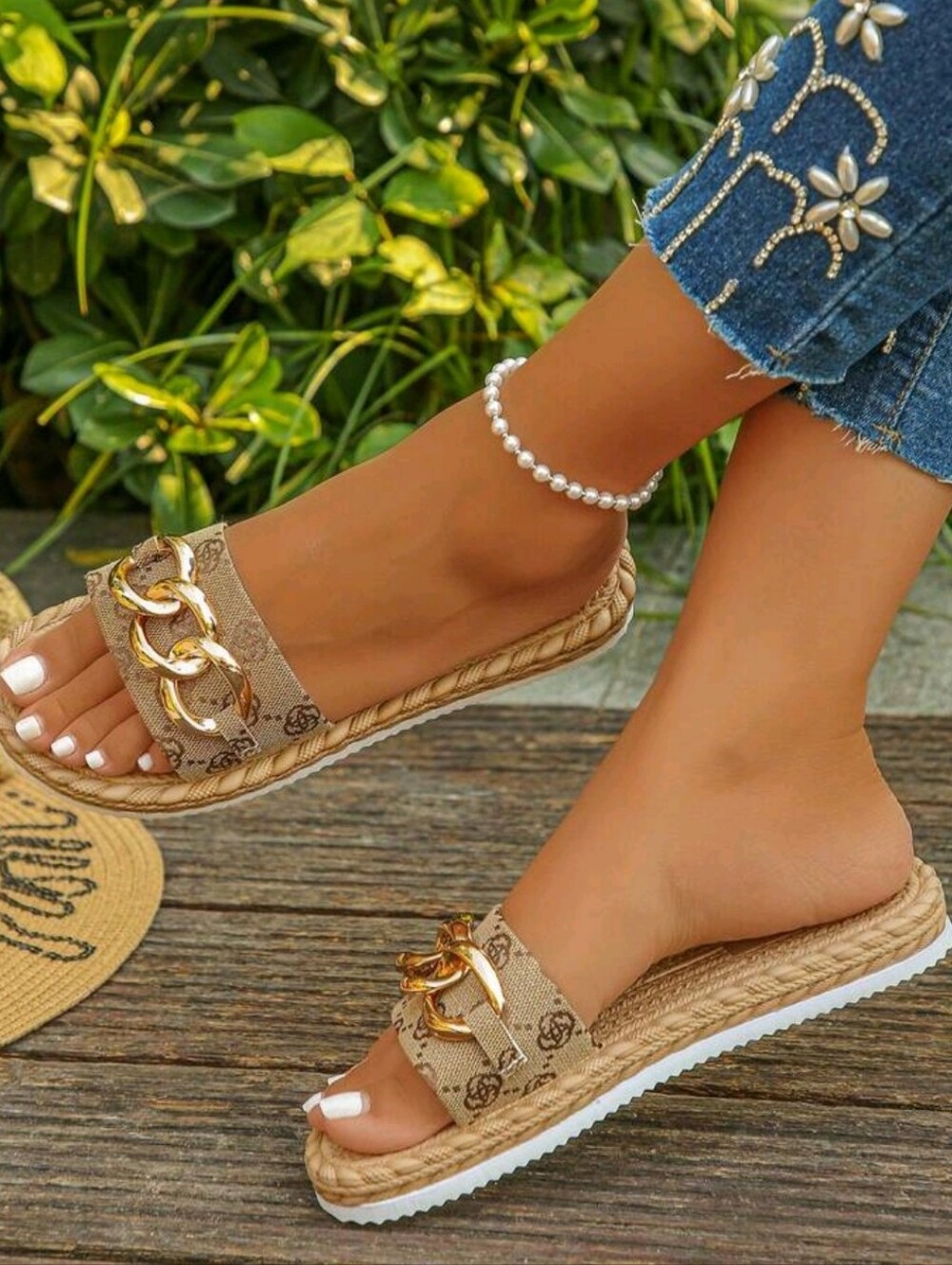 Beige Chain-Accent Espadrille Slide Sandals
